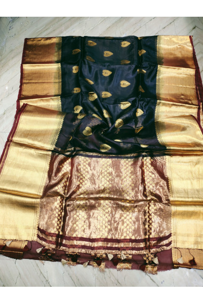 All Over Golden Butta Weaving Navy Blue Organza Silk Saree With Golden Zari Border (KR996)
